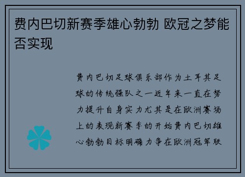 费内巴切新赛季雄心勃勃 欧冠之梦能否实现