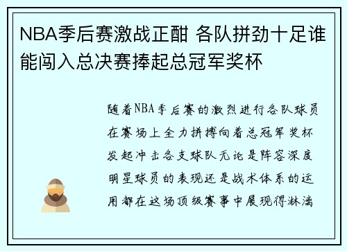 NBA季后赛激战正酣 各队拼劲十足谁能闯入总决赛捧起总冠军奖杯