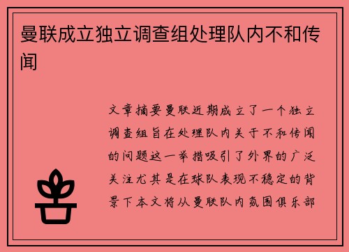 曼联成立独立调查组处理队内不和传闻